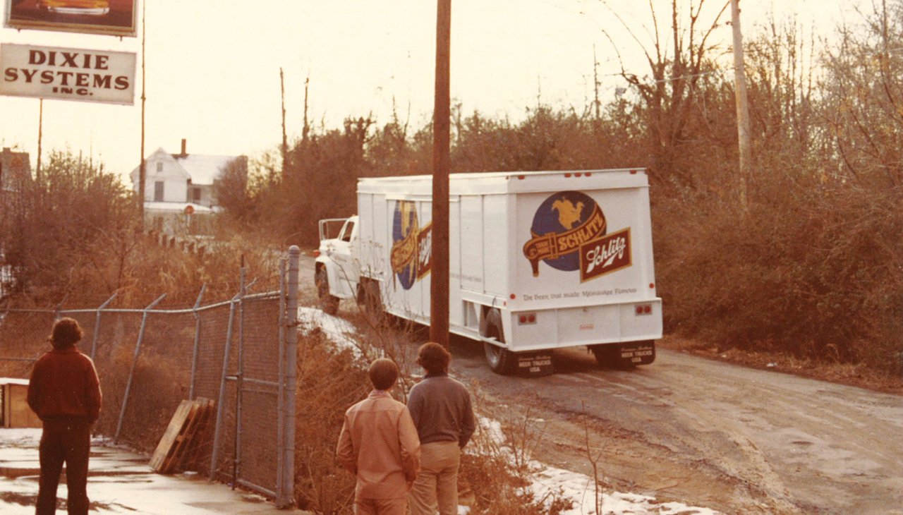 Schlitz beer delivery truck on a road in South Carolina from 1976
