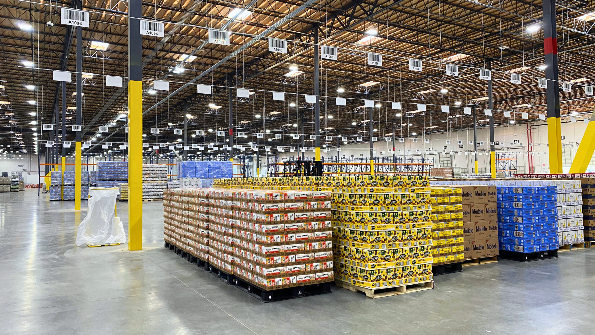 Warehouse with beer products and LED lighting