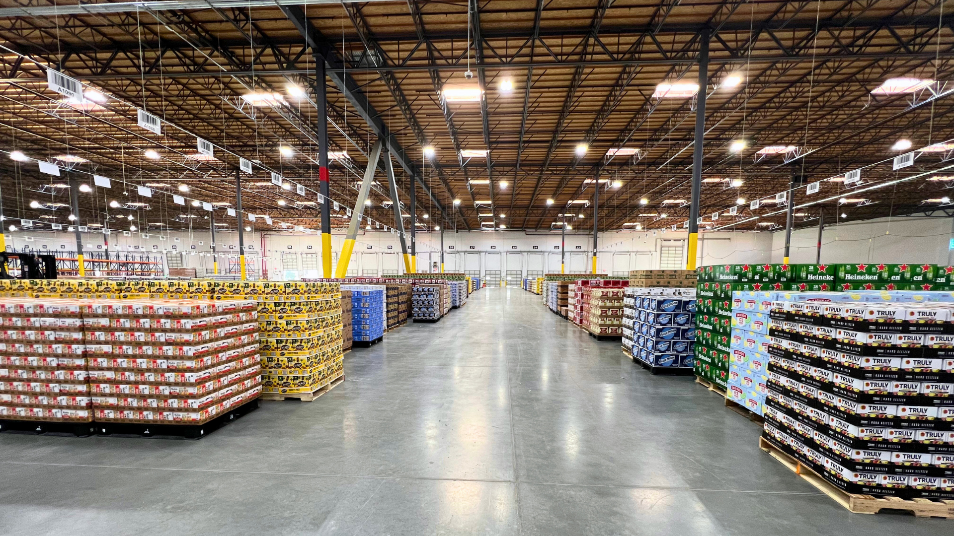 Warehouse with beer products and LED lighting